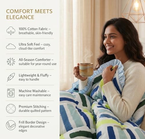 Image of VAS COLLECTIONS Cloud Cotton Reversible AC Comforter for Double Bed (88x90 Inch) 220 GSM Lightweight Quilt /Duvet /Dohar with 2.5 Inch Frill Border, Super Soft All Season Blanket (Blue, Yellow)