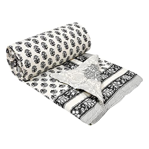 Image of BLOCKS OF INDIA Cotton Single Size Quilt Hand Block Print for Light Winters (60X90 Inches) (Grey Tree, Lightweight), 300 TC