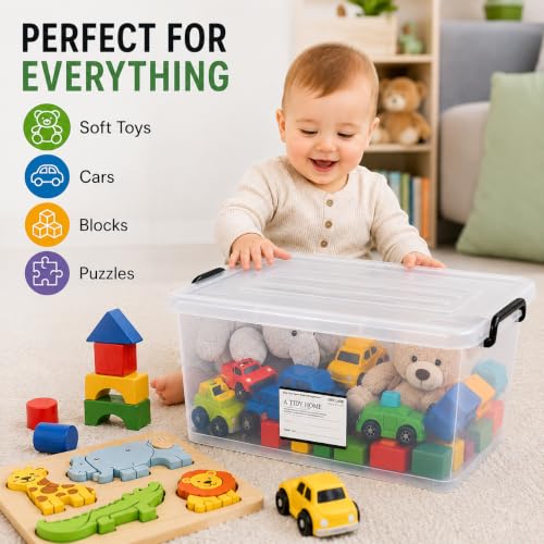 Image of Storite 5 Pack 27L Plastic Storage Box with Lid & Wheels|Kids Toys Organizer Bin|Clear Multipurpose Storage Container for Clothes, Books, Games, Bedroom, Playroom, Classroom & Office|44 x 33 x 25 cm