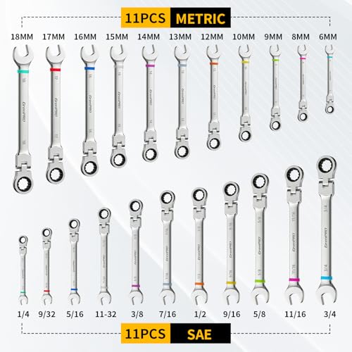 Image of GRENPRO 23PCS Flex-Head Ratcheting Wrench Set, Combination Ratchet Wrenches Set Metric and Standard & SAE with Organizer Box, 6-18mm & 1 /4 inch to 3 /4 inch with Color Ring, CRV Socket Mechanic Tools Sets