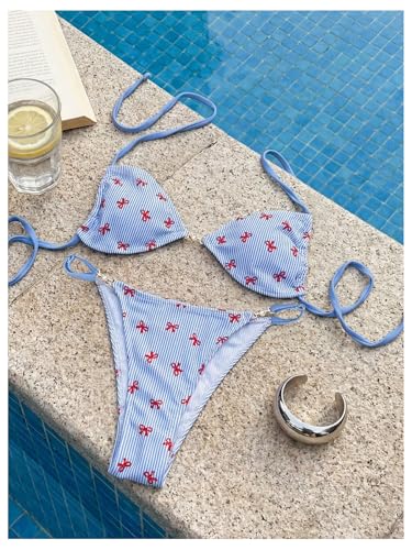 Image of RoseSeek Women's Floral Print Cheeky Bikini Sets Pearl Decor Halter Triangle High Cut String Thong Swimsuits
