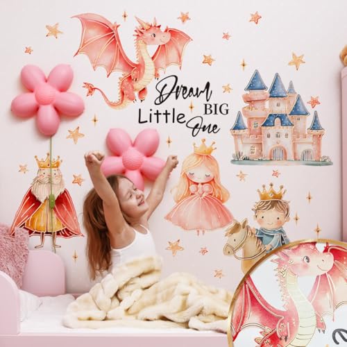 WandSticker4U®- Élégants stickers muraux CHÂTEAU PRINCESSE rose/dorés (73x52 cm) I Autocollant mural fille princesse dragon citation I Déco murale pour...