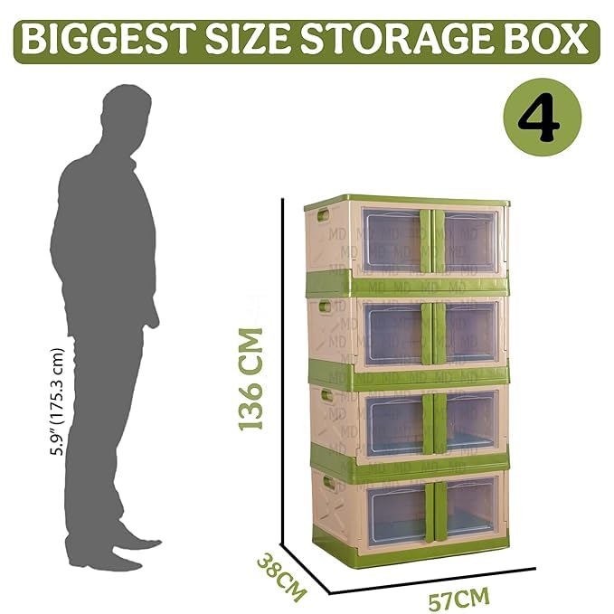 mechdel Storage Plastic for Closet Organizers,Cupboard rack,Folding Storage Box, Stackable Storage with Open Front Door, with wheels (Parrot Green, 4PCS-(72L))Made in India 2