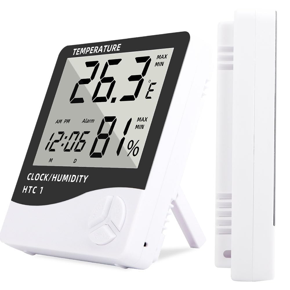 HTC-1 Digital Hygrometer Thermometer with LCD Display, Humidity and Temperature Meter with Clock and Calibration Certificate