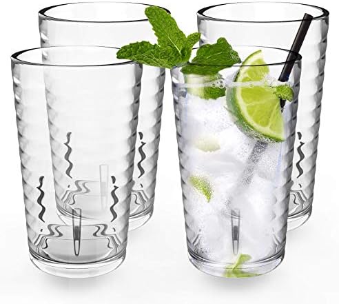 ALIMOTA Plastic Glasses 385ml Stackable Set of 4, Dishwasher Safe Tumblers Cups Acrylic Drinking Glasses, Water Juice Cocktail Glasses Camping Portable Cups Picnics BBQs Parties and Kid Cups (Clear)