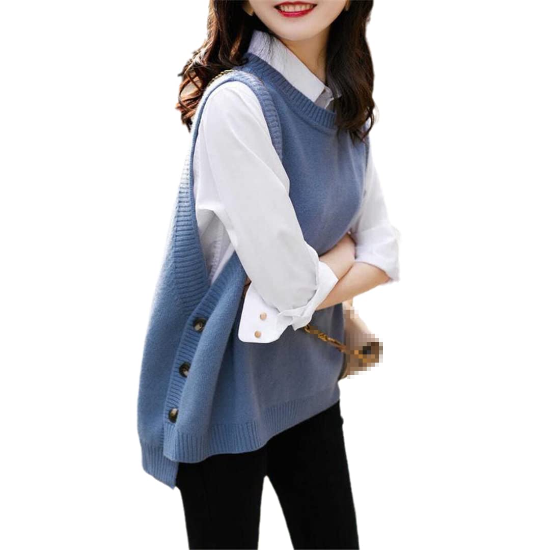 Alloaone Pull sans manches à col rond pour femme - Pull en tricot ample et élégant avec bouton latéral