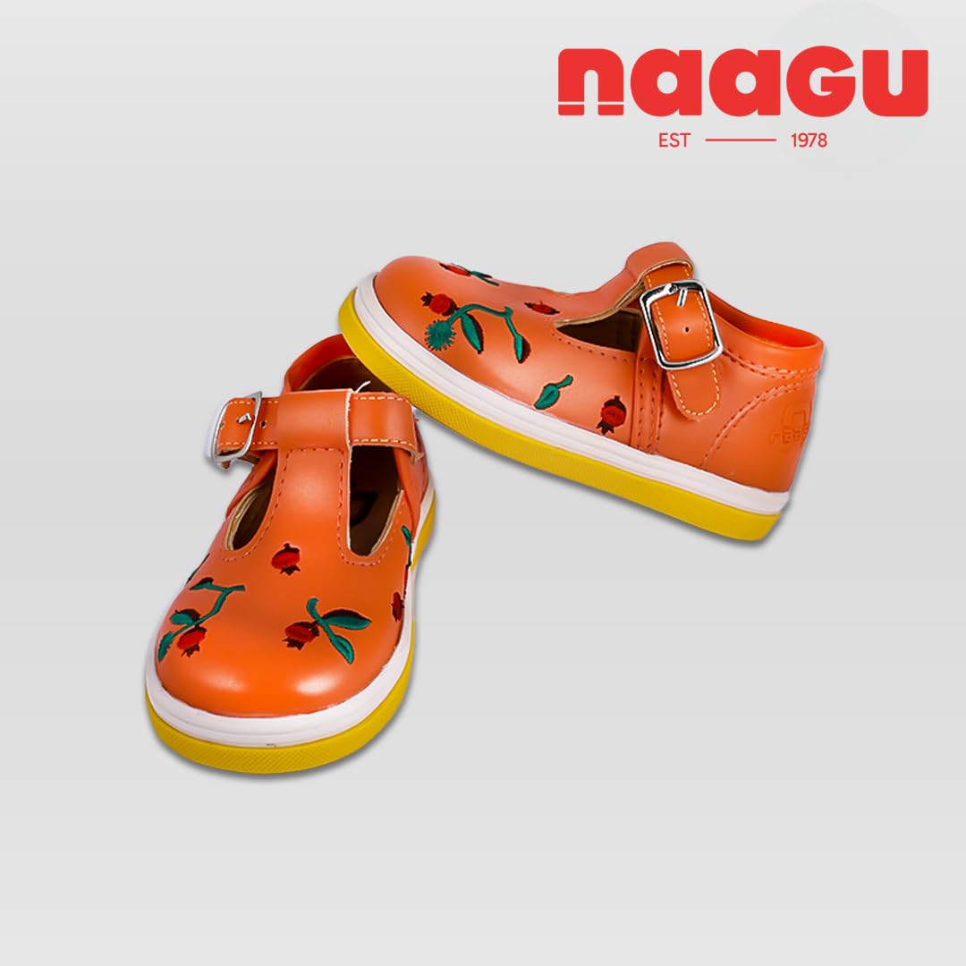 Naagu Kids' Floral T-Strap Shoes, Leather Upper with Rose Print (Saffron ORGANGE, UK Footwear Size System, Little Kid, Numeric, Medium, 8) 2