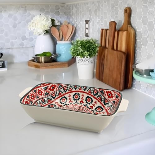 Au Gratin Baking Dish, Single Serving Dish Set of 2 with Handle, Ceramic Casserole Dish for Oven, Vintage Bohemian Bakeware for Fruit, Salads, Desserts, 8.8 Inch, Small Individual (Rectangular) - Thumbnail 7