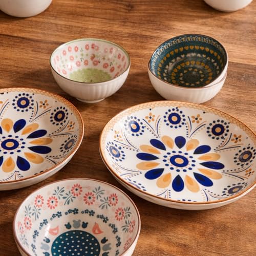 Image of 6-Piece Ceramic Dinner Set, 2 Plates & 4 Bowls, Microwave Safe, Dishwasher Safe, Floral Dinnerware (Ethnic Floral Multicolor, 2 Plate & 4 Bowl Set)