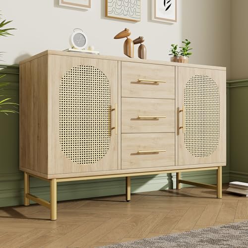 APMOE Cómoda de Madera con 3 Ratan Cajones - Cajonera Estrecha con Patas y Tiradores de Metal - 120 x 40 x 74 cm - Cómodas y Cajoneras para Dormitorio Pasillo Salón Cocina - Aparador (B)