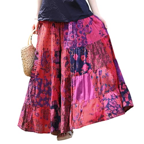 Boho Women Printed Cotton Linen Maxi Skirt Casual Patchwork Skirt Beach Travel Outfit