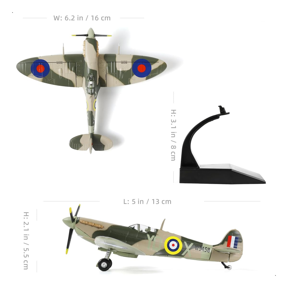 zalati Modèle réduit en métal moulé sous pression Spitfire MKVb W3458 à l'échelle 1/72 avec support, réplique de chasseur de la Royal Air Force RAF, à collectionner, à offrir en cadeau.