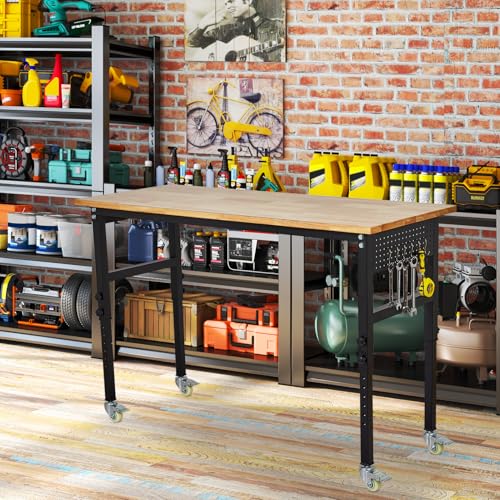 60'' Adjustable Workbench with Power Outlet & Scale,29"-40" Height Adjustment Rolling Mobile Workbench,2000 Lbs Load Capacity Rubber Wood Workstation,Heavy Duty Work Table,for Garage,Workshop