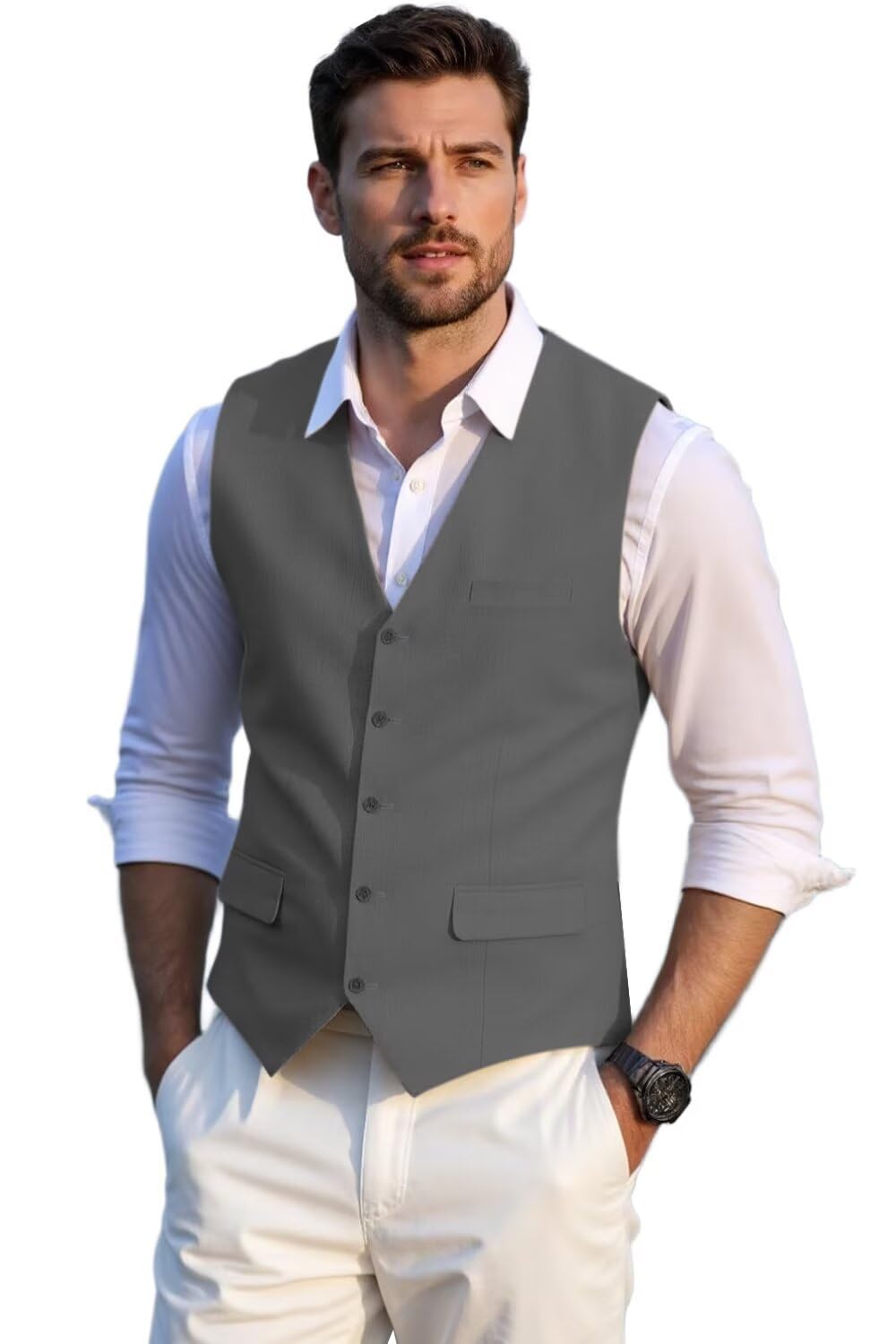 Solovedress Herren Elegant Anzugweste Herrenwesten Sommer Leinen Weste für Hochzeit und Party
