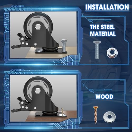 Image of 3 Inch Caster Wheels, Casters Set of 24, ASHGOOB Casters with Brake Heavy Duty, Industrial Locking Swivel Top Plate Castor Wheels for Workbench /Furniture /Cart. （AB Switch, Double Pedal Brake