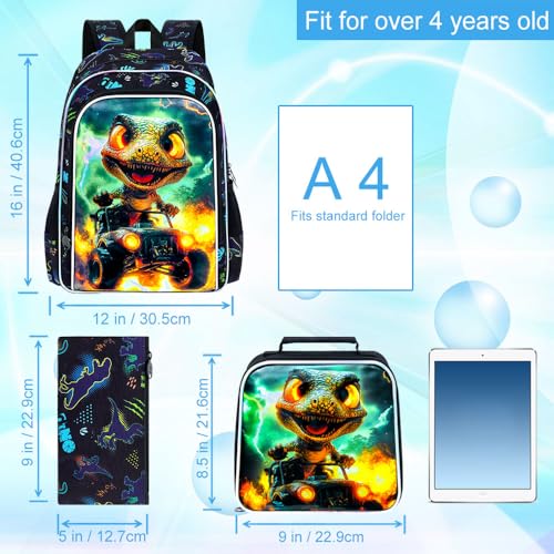 Image of 16 inch Dinosaur Backpack, Boys Kids Bookbag with Lunch Box, 3Pcs Dino Truck School Backpacks for Elementary Preschool Kindergarten (Black)