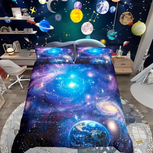 Galaxy-Bettwäsche-Set, Sternenhimmel, Sternenhimmel, Doppel-Bettwäsche-Set, Planet, Bettdeckenbezug für Jungen & Mädchen, Kinderzimmer, Dekoration, Milchstraße, Weltraum, Tagesdecke mit 2