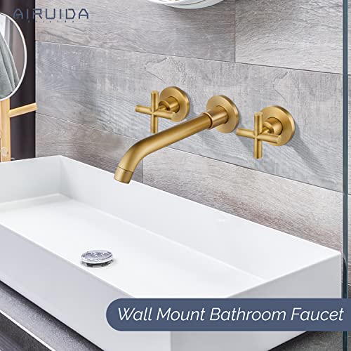 Airuida Solid Brass Antique Brass Widespread Wall Mount Bathroom Faucet With 360 Swivel Spout Wall Mounted Lavatory Faucet Double Cross Handles Vanity Sink Mixer Tap With Rough In Valve #TOP1