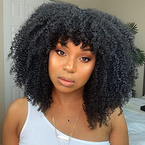 Afro Kinky Curly Wig With Bangs Brazilian Virgin Curly Human Hair Wigs for Black Women 200% Density Full Machine Made Scalp Base Top Wig Natural Color 20inch