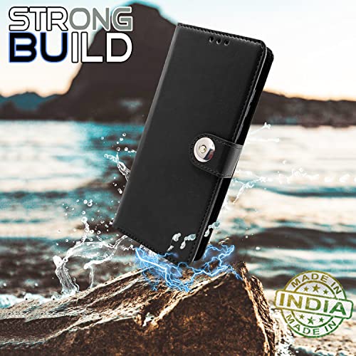 Image of Pikkme Poco X5 5G / Redmi Note 12 5G Flip Cover Leather Finish | Inside TPU with Card Pockets | Wallet Stand and Shock Proof | Complete Protection Button Flip Case (Black)