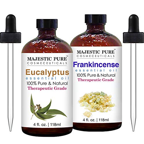 Majestic Pure Eucalyptus Essential Oil with Frankincense Essential Oil Bundle - 100% Pure and Natural, Therapeutic Grade Oils  4 fl oz Each