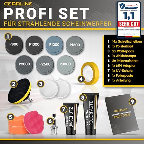 GEARLINE® Scheinwerfer Aufbereitung Set [24 Teile] - Polierset für matte & blinde Scheinwerfer - Inkl. UV-Schutz, Polierpaste, Adapter & 14 Schleifscheiben - Auto Polierset zur Aufbereitung