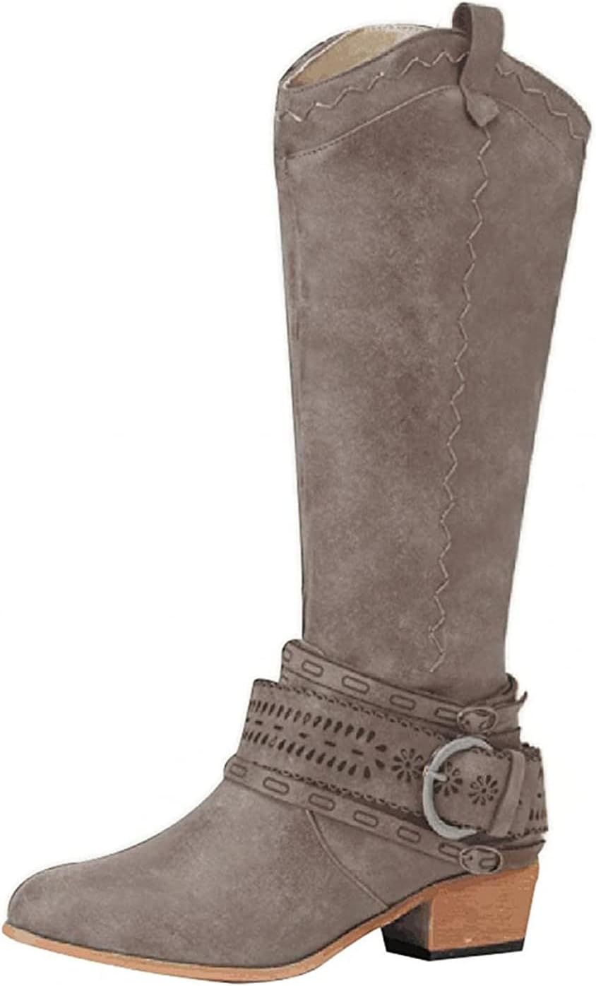 Ladmiple Cowgirl Boots Women Wide Calf Knee High Cowboy Western Boots Ladies Pointy Toe Fashion Chunky Heel Boot Pull-On