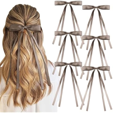 TOCESS Hair Bows for Women and Girls with Tassels and 9Inch Long Tails Grey Coffee French Hair Ribbon for Thick Thin Hair Silky Satin Bowknot Clips for Long Short Hair 6Pcs Cover