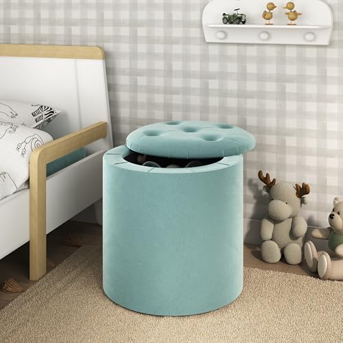 Puff Baú Banqueta Redondo Armazenamento Organizador Tecido Sala Apoio P/Pés (Verde-Claro)