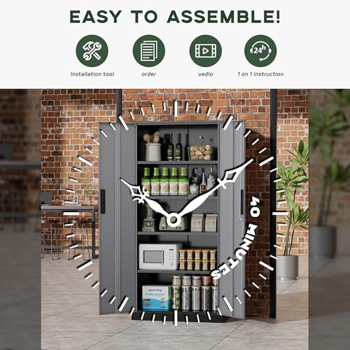 Image of Greenvelly Metal Storage Cabinet,72 inch Locking Metal Garage Storage Cabinet with Doors and 4 Adjustable Shelves, Lockable Steel Cabinet for Home Office, Garage, Shop, School (Black Grey 32 inch W x 16 inch D)