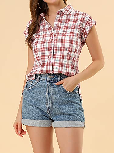 Allegra K Women's Summer Plaid Tops Short Sleeves Button Down Shirt Small Pink #TOP1