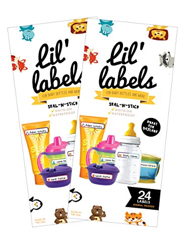 Image of Bottle Labels, Write-On Name, Self-Laminating, Waterproof, Baby Bottle Label for Daycare, Made in The USA (Animal Friends Set of 2)