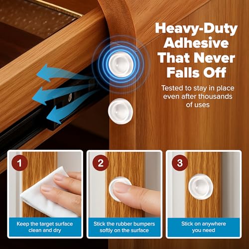Image of STRONGEST HOME Cabinet Door Bumper 200 Pack White Rubber - Self Adhesive Stoppers for Quiet Close Protection - Drawer Pads for Furniture and Surface Cushioning - 0.5 x 0.2 Inch