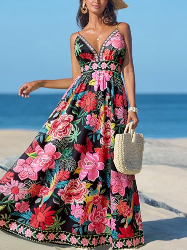 Image of CUPSHE Women's Summer Dresses Casual Spring V Neck Sleeveless Floral Beach Vacation Long Spaghetti Strap Flowy Maxi Dress