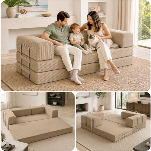 Boneless Couch Sofa Bed - 82' Modular Corduroy Convertible Sleeper Sofa for Living Room – 3 Seater Folding Couch Bed, Pet-Friendly Removable Washable Covers, CertiPUR-US Foam | Tuft&Finch- Latte Brown