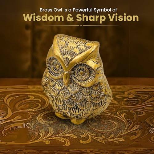 Image of Plus Value Brass Owl Statue for Good Luck Feng Shui Vastu Idol Symbol of Wisdom Protection for Home & Office Work Desk Decor Metal Owl Sculpture Showpiece (2.5 Inches, Gold)