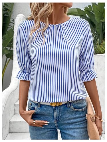 SweatyRocks Women's Button Back Decor Half Sleeve Crewneck Striped Blouse Tops2