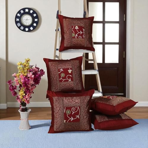 Image of Living Room Sofa Decor Flower Embroidered Silk Cushion Covers Scatter Cushion 16 X 16 Inches Set of 5 Pillowcase sham (Maroon)