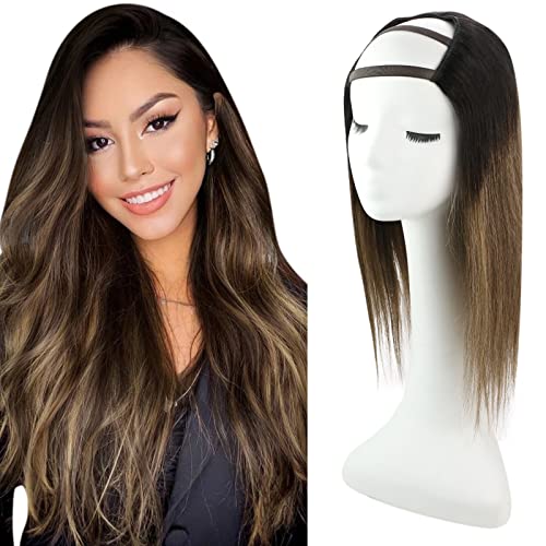 VeSunny U Part Wig Cap #1B Jet Black to #4 Brown Balayage #27 Caramel Blonde U Part Wig Brown Human Hair For Women Highlight Brown U Part Brazilian Hair Wig Human Hair Medium Cap 120g 16inch