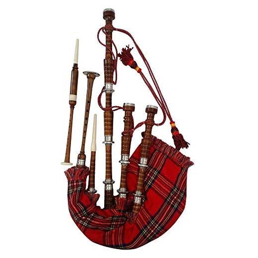 AAR Scottish Bagpipe Rosewood Royal Stewart Tartan Natural Color with Silver Plain Mounts Free Tutor Book, Carrying Bag, Drone, Reeds(USA)