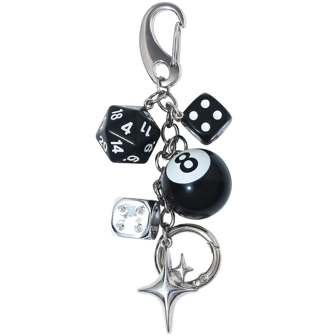 Fituenly Black Lucky Dice Keyring, 8 Ball Keychain, Cherry Bag Pendant with Star for Men and Women, Cute Y2k Accessory
