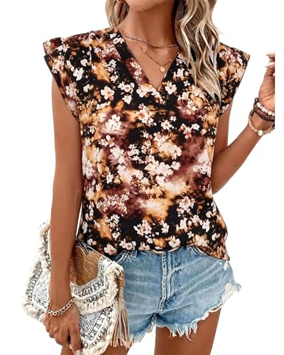 IEEILULU Flutter Sleeve Tops for Women Casual V Neck Floral Print Blouse Summer Sleeveless Ruffle Tunic Shirts Brown M