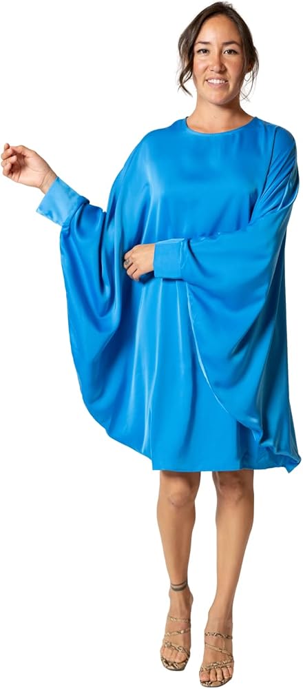 stain silk dress YUNHUI Summer Silk Stain Dress for Women High Waist Batwing Sleeve  Beautiful Dress Long Sleeve Mini Dress Blue at Amazon Women's Clothing store