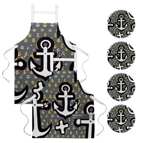 Lot de 2 tabliers de cuisine gris motif ancre réglables avec poches