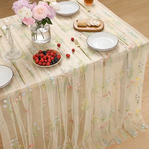 Horaldaily Embroidery Flower Plant Champagne Gauze Tablecloth 60×84 Inch Rectangular, Spring Summer Tulle Table Cover, Garden Party Decorations for DIY, Wedding, Party, Holiday Dining Decor