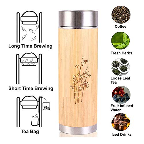 Image of PagKis Bamboo Stainless Steel Flask Water Bottle /Thermos with Tea Strainer | Double Wall Vacuum Insulated | Hot & Cold (450 ML)