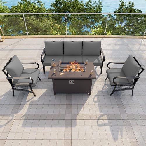 Image of 4-Piece Outdoor Furniture Set, Patio Conversation Set Include 3-Seater Sofa Couch Single Chairs with Fire Pit Table for Deck, Porch, Garden, Backyard, Poolside (Gray Cushions)