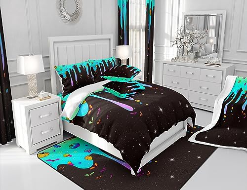 Halloween Bedding Set Pumpkin Duvet Cover for Boys Girls Bedroom Decor Mushrooms Comforter Cover Set Bat Blue and Black Bedspread Cover With 2 Pillow Case King - Image 4