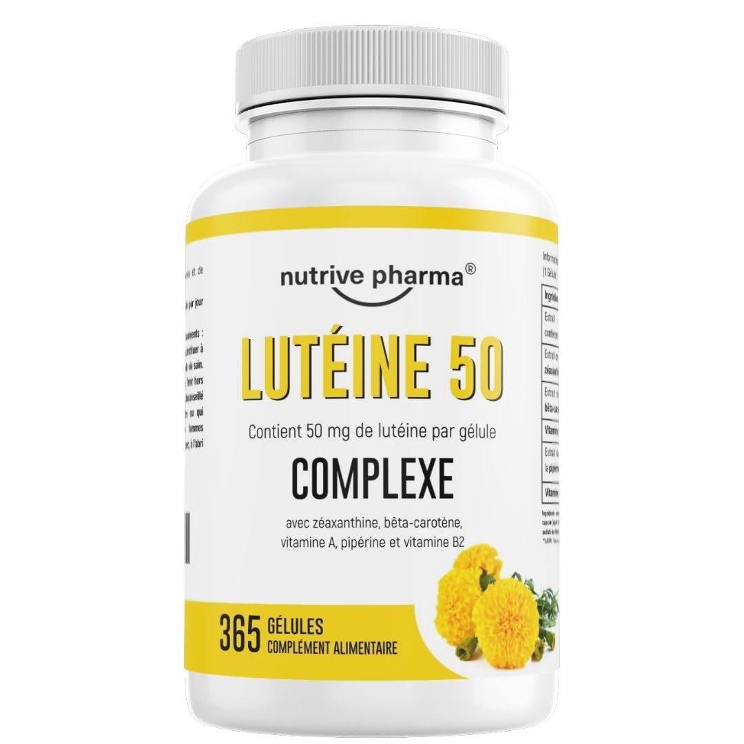 Lutéine 50 mg avec zéaxanthine, bêta-carotène, vitamines A & B2, pipérine | 365 gélules | Santé des yeux & protection contre la lumière bleue | Sans OGM & sans gluten | par nutrive pharma