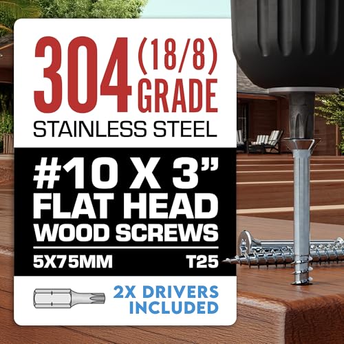 Image of #10 x 3 Inch Stainless Steel Deck Screws, T25 Torx, 305 Grade (1750 Pack) | Flat Head T25 Star + 2 Driver Bits, Corrosion & Rust Resistant, Reduced Cam-Out, Industrial Strength by Eagle Claw Fasteners